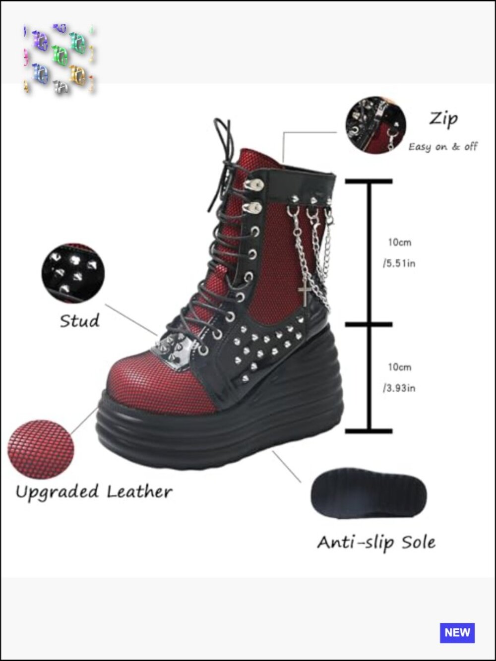 Gothic Chunky Ankle Boots Platform Lace Up Wedge Heel Zip Punk Combat Booties - Picture 4 of 7